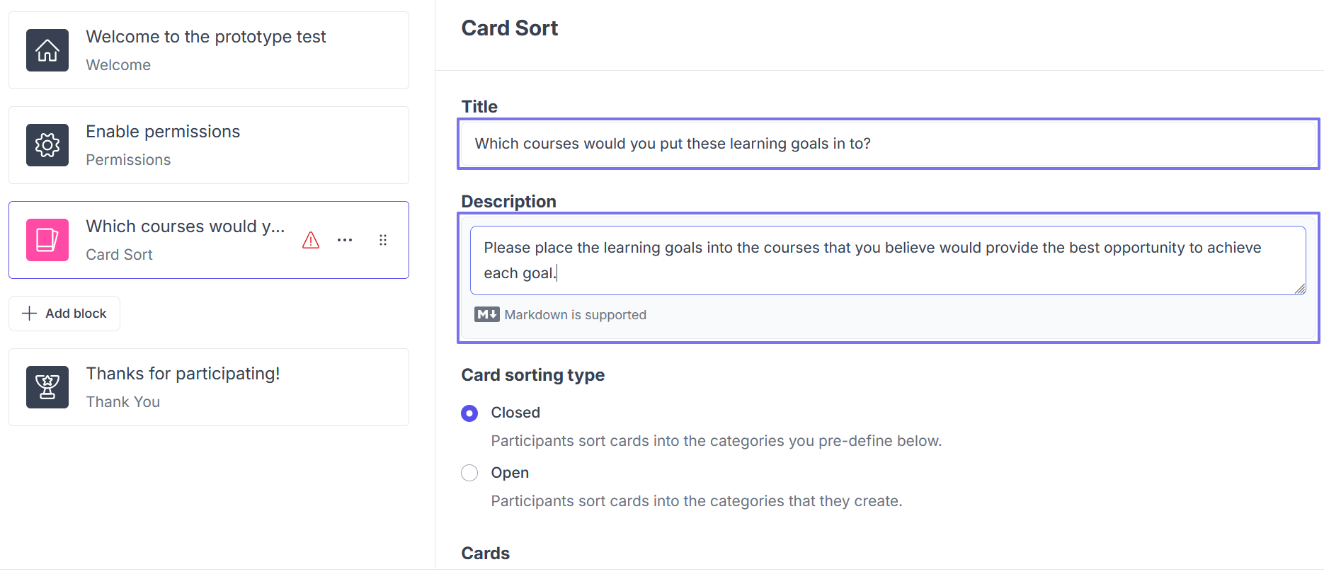 Image showing the card sort block setup.