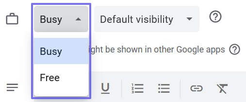 Google calendar event busy or free selector