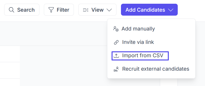 Image showing where to select the option to import new candidates via a CSV file from within the Candiates page.