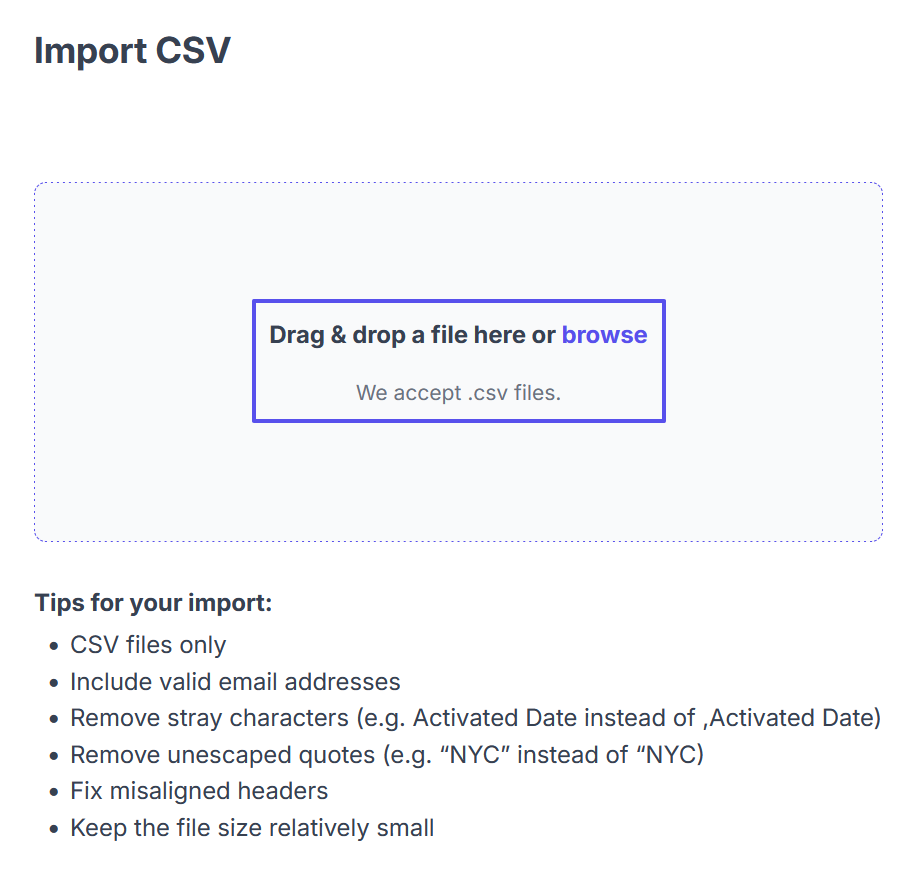 Image showing the modal that allows users to choose a CSV file to import.