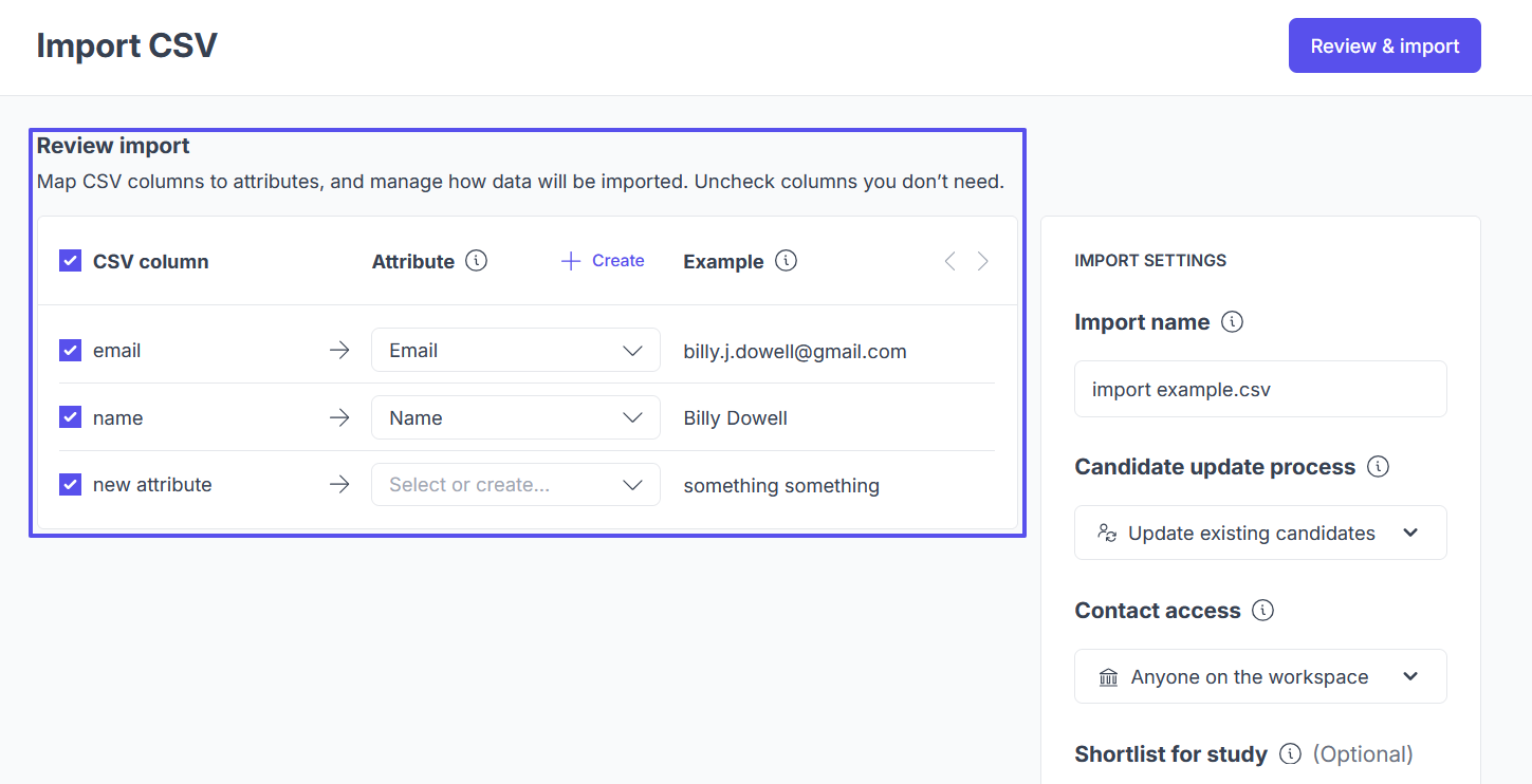 Image showing the CSV import page where users can review and edit the data before importing.