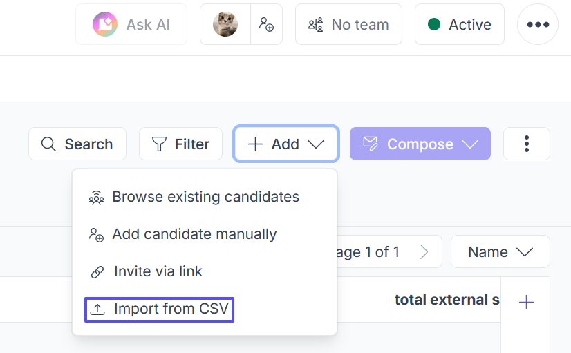 Image showing where to select the option to import new candidates via a CSV file from within the a study.