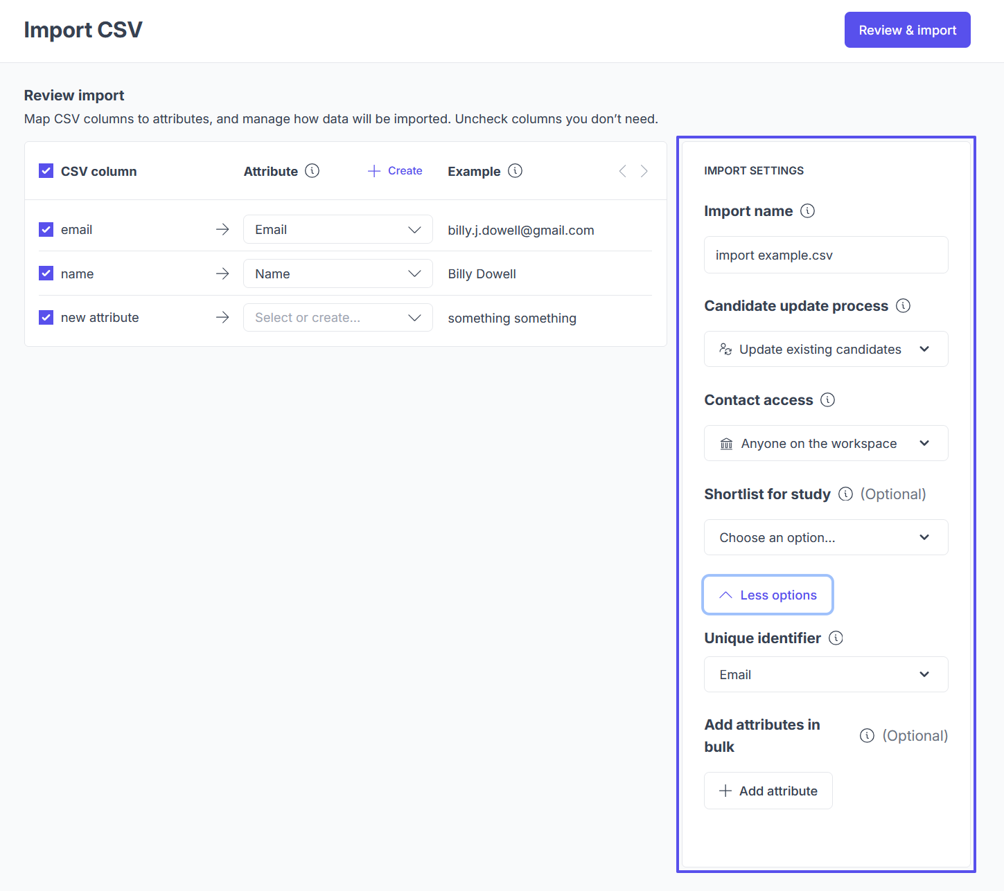 Image showing the CSV import page where users can review and edit the import settings before importing.