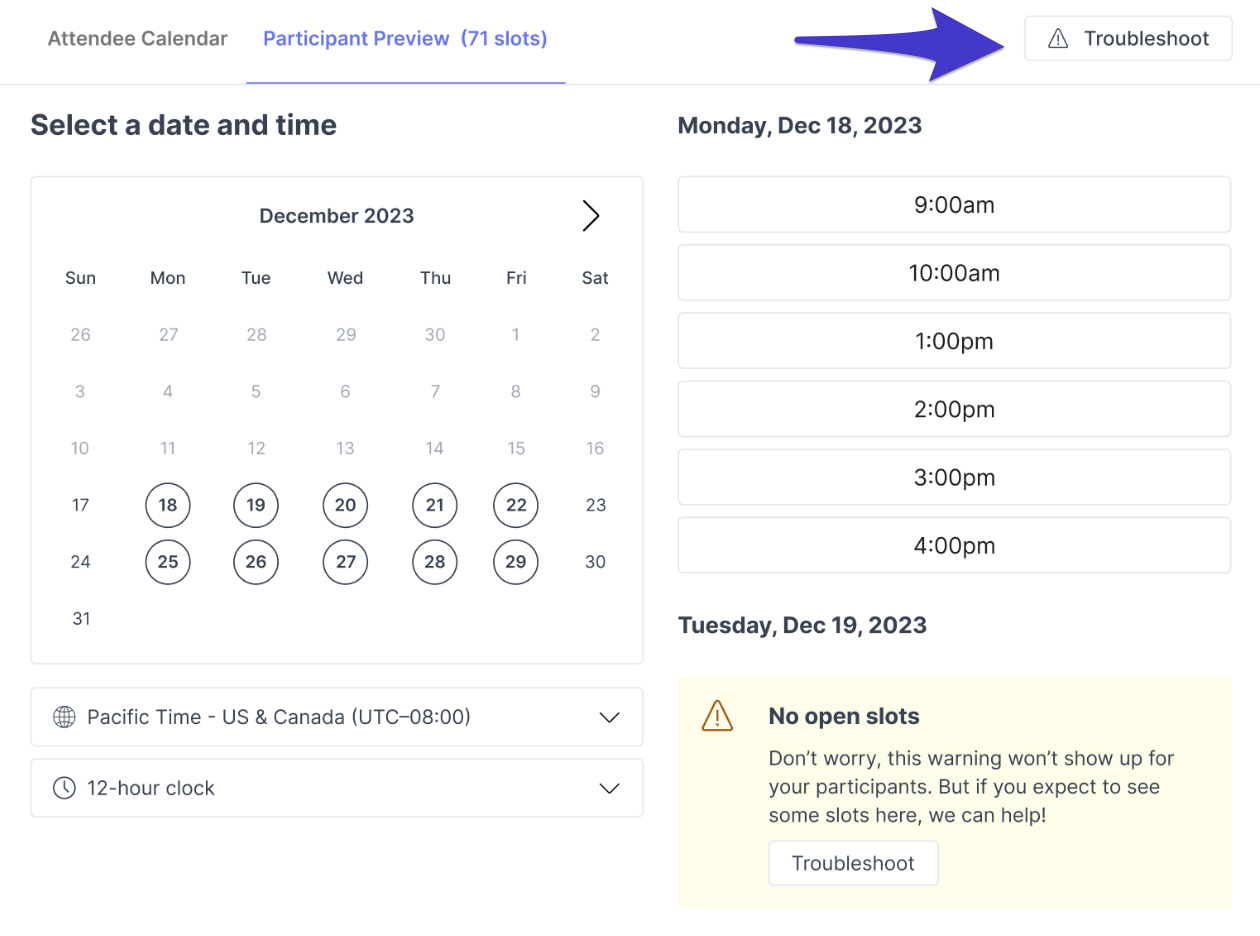 image showing the calendar troubleshooting feature