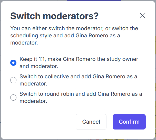 Image showing the switch moderator modal.