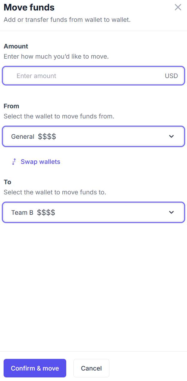 Wallets move funds modal