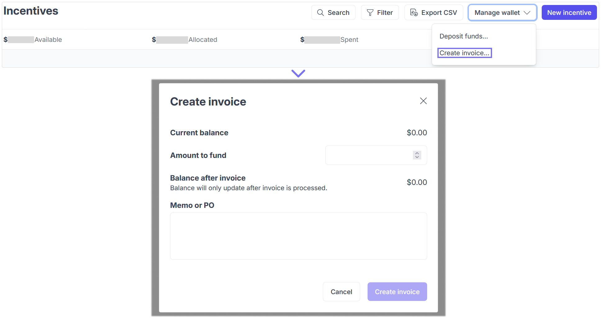 Create invoice from incentives page