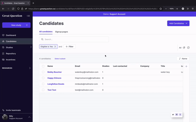 Searching for candidates via search bar