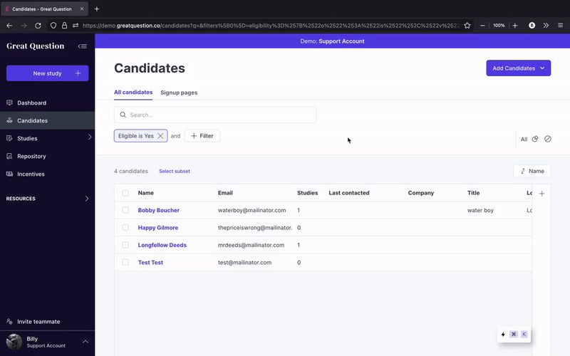 Searching for candidates via filters