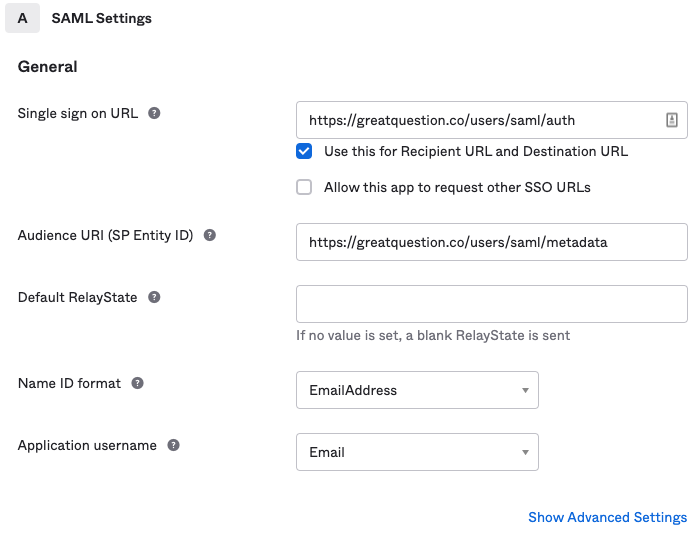 Okta application settings