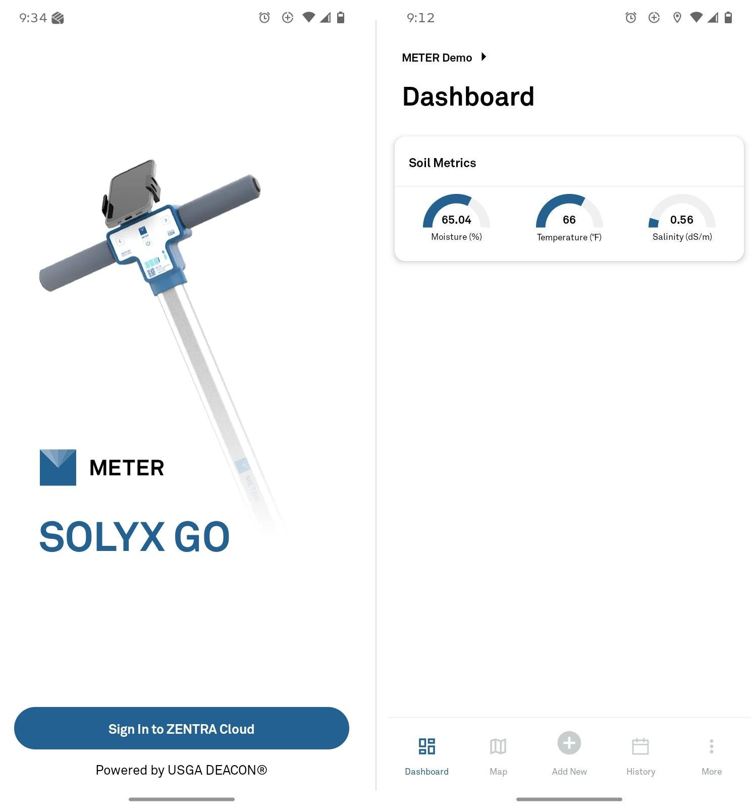 SOLYX Go app start screen with the Sign In to ZENTRA Cloud button, and the Dashboard showing the organization picker, Soil Metrics gauges, and bottom navigation