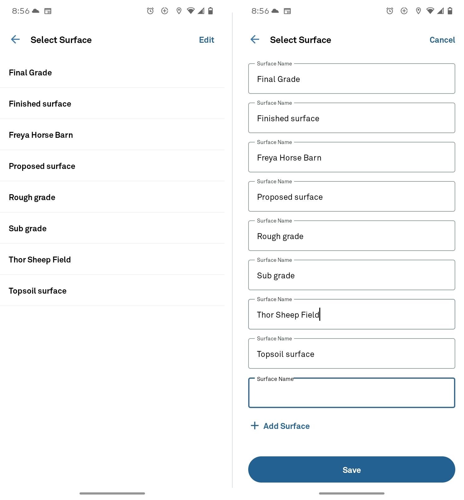 Select Surface screen listing saved surfaces, and the same screen in edit mode with a new surface name field and the Save button