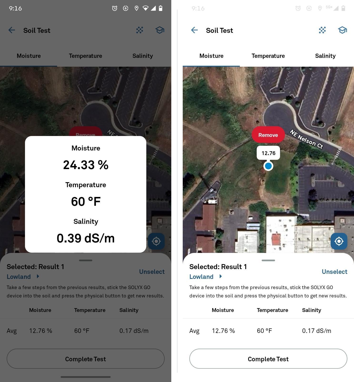 Reading result showing moisture, temperature, and salinity values, and the Soil Test map with a selected reading marker and the Remove button