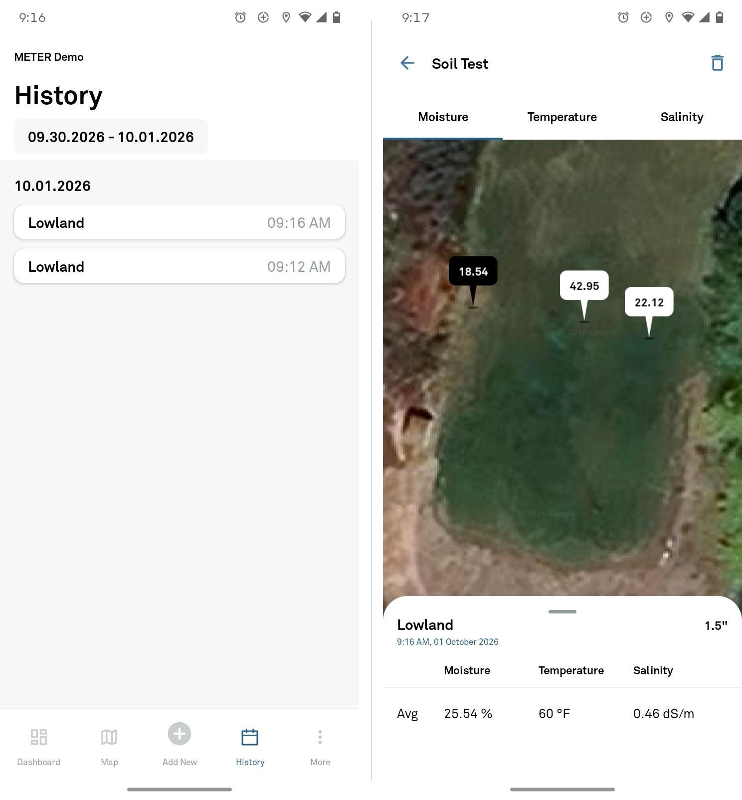History screen listing soil tests by date, surface, and time, and a completed soil test with moisture values on map markers and test averages