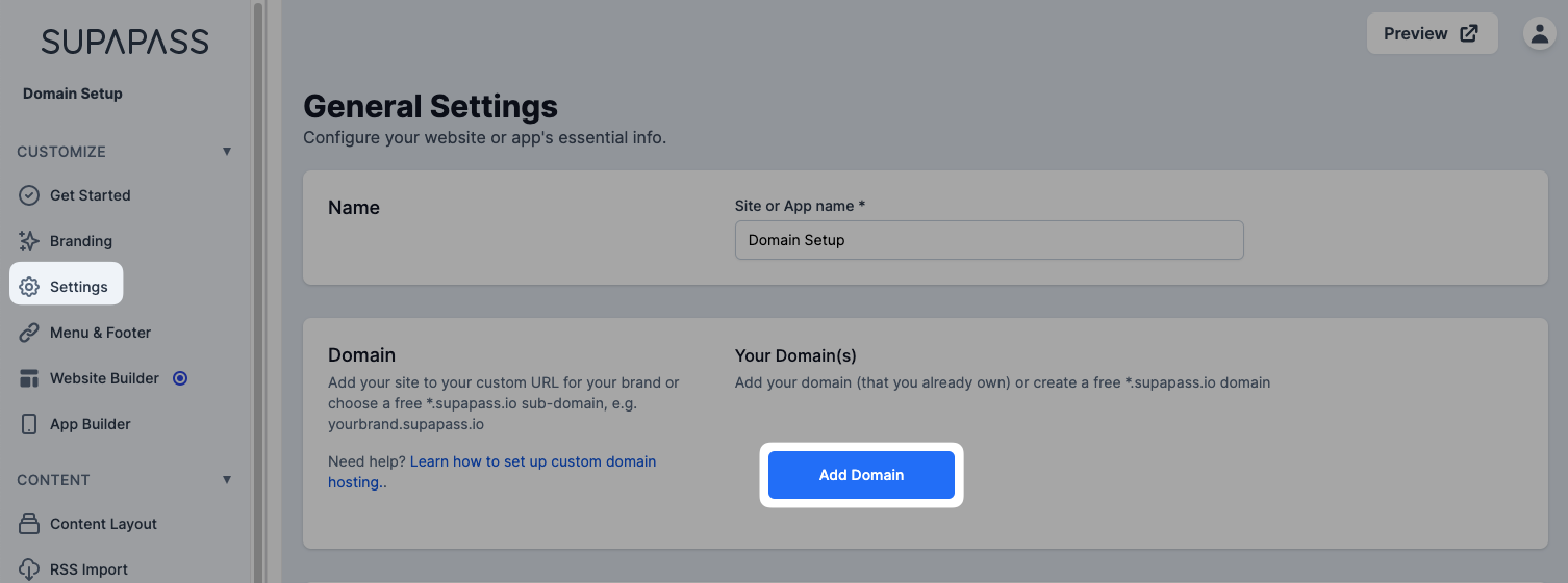 the settings tab, highlighting the 'Add Domain' button