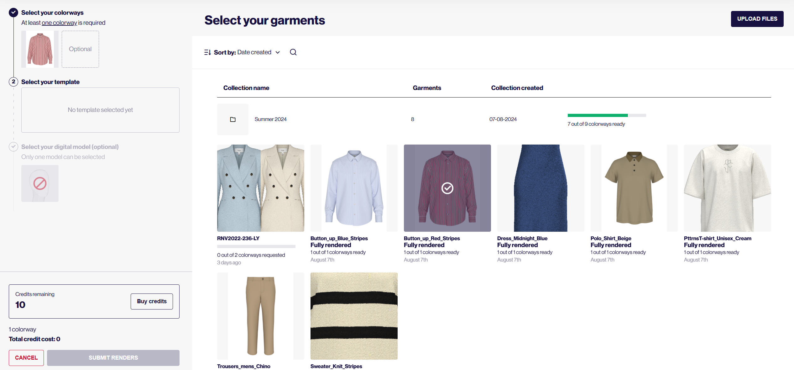 Select the colorways of your Garment to submit for rendering