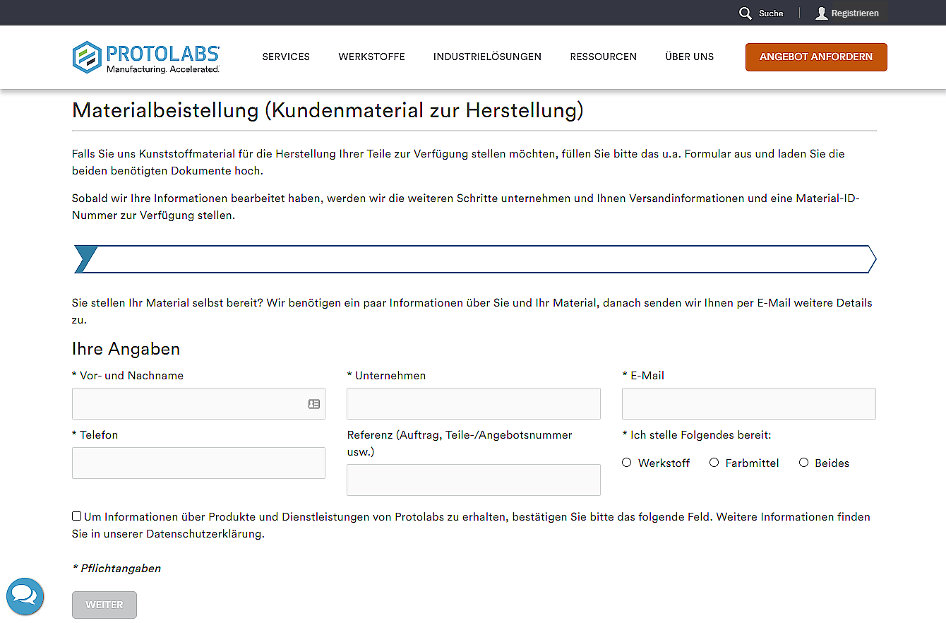 Formular einreichen Materialbeistellung (Kundenmaterial zur Herstellung)