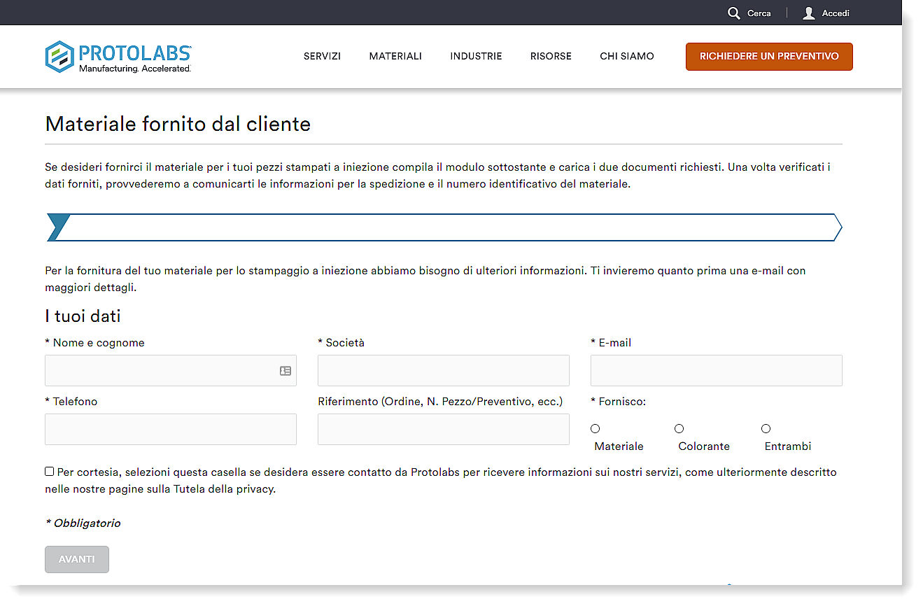  Richiedi modulo di configurazione del materiale