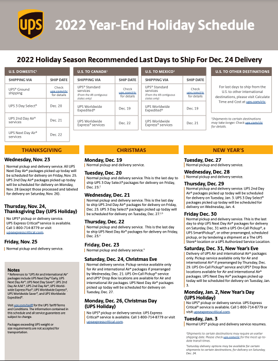 2022 FedEx/UPS Holiday Schedule Red Stag Fulfillment Customer