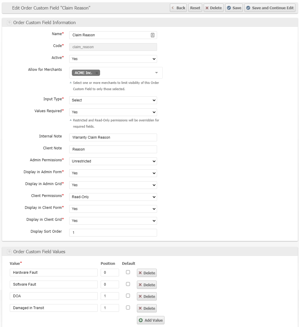 Order Custom Fields Form Example