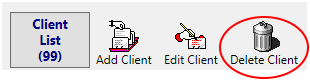 The options to the right of the Client List header, including Add Client as a rolodex, Edit Client as a hand writing on a rolodex card, and Delete Client as a trash can.