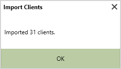 A popup numbering how many clients were imported.