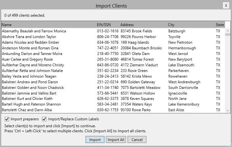A dialog window listing clients found inside the database file, with Import/Import All/Cancel buttons underneath.