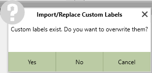 A popup asking how the user wants to handle importing duplicate labels, with buttons under for Yes, No, and Cancel