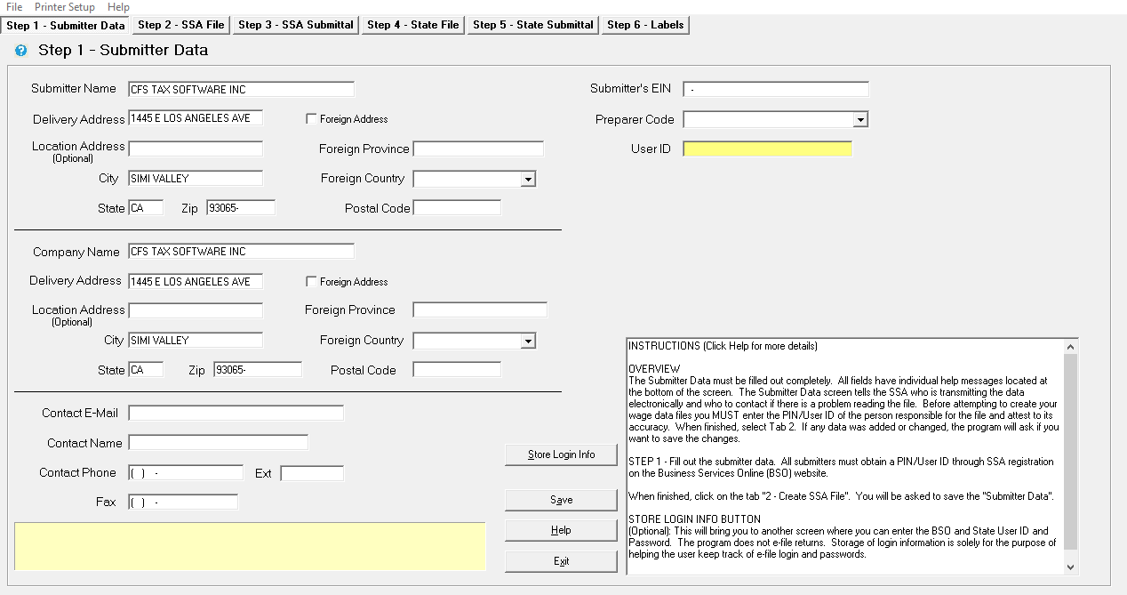 W2 EFiling Step 1 Inputting Submitter Data CFS Tax Software, Inc.