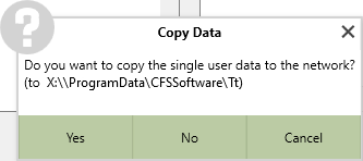 A popup asking if the user wants to copy data to the network, and gives the network path location, with buttons underneath reading "Yes", "No", and "Cancel".
