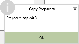 A popup confirming the number of preparers copied, with an "OK" button underneath.