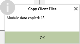 A popup confirming the number of data modules copied, with an "OK" button underneath.