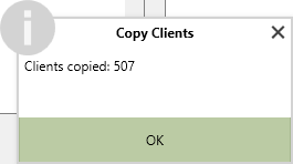 A popup confirming the number of clients copied, with an "OK" button underneath.
