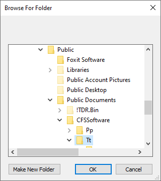 A popup titled Browse for Folder, with folders in a hierarchy underneath, and underneath that the buttons Create New Folder, OK, and Cancel.