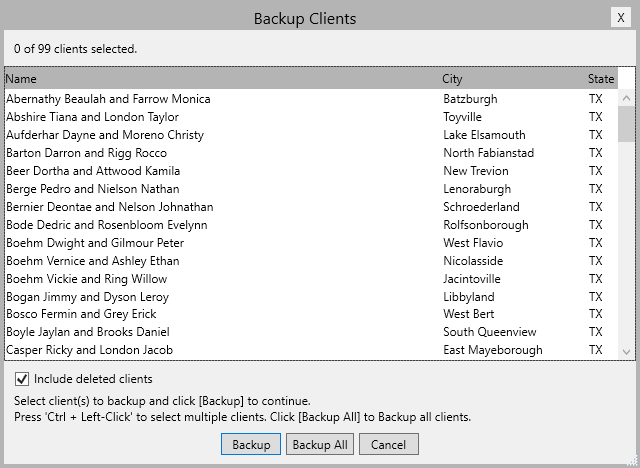 Popup that lists many clients, with buttons at the bottom reading "Backup", "Backup All", and "Cancel"