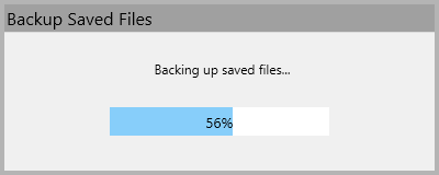 A popup titled "Backup Saved Files", that reads "Backing up saved files..." and has a progress bar underneath.