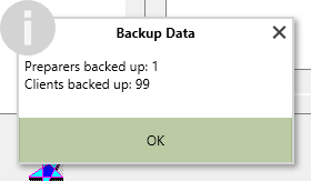 A popup titled "Backup Data" and lists the number of preparers and clients backed up.