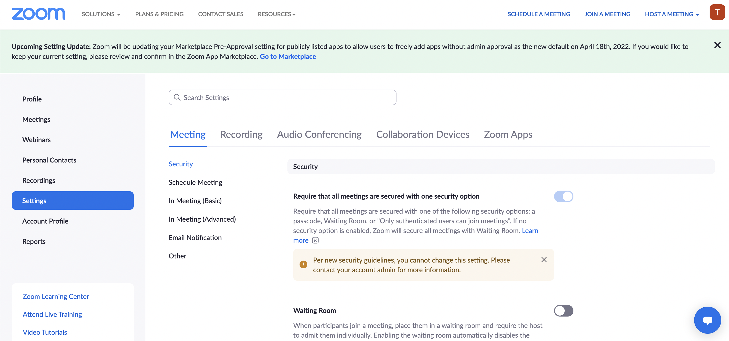 Screenshot of zoom account settings page where captions can be turn on