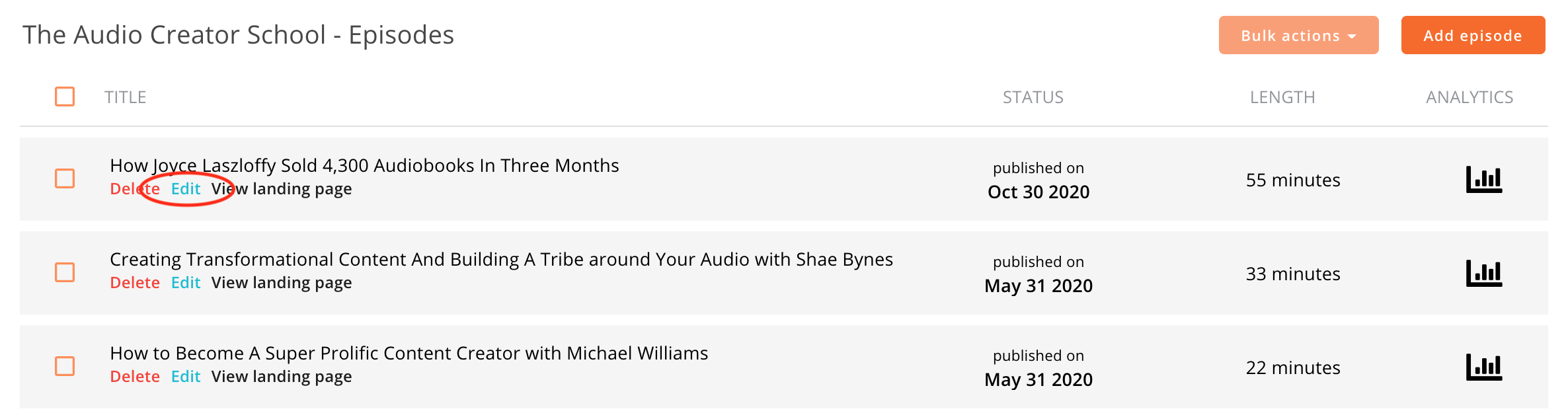 Editing audio tracks on published episodes