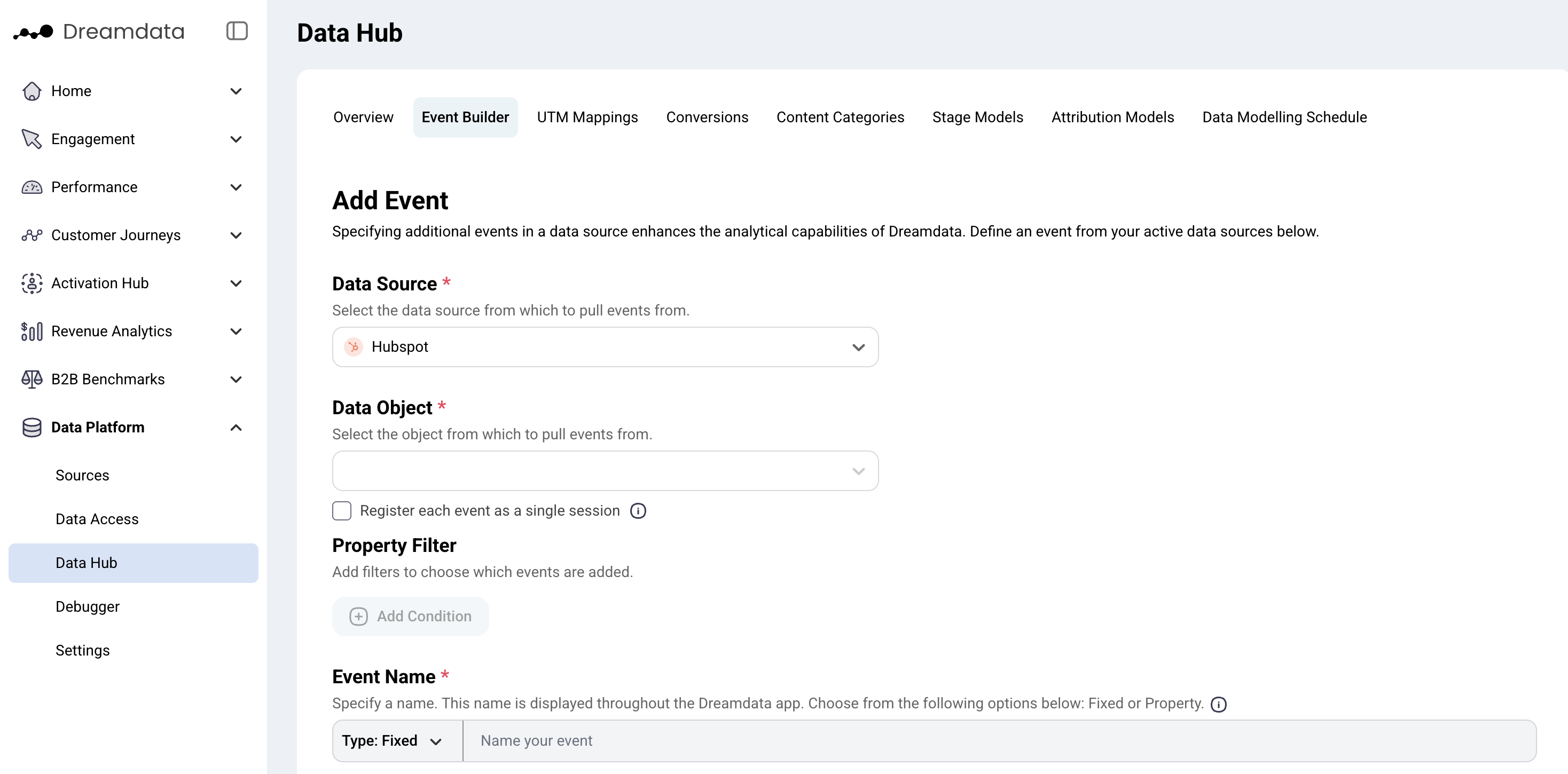 The image shows the Event Builder located in Data Platform > Data Hub