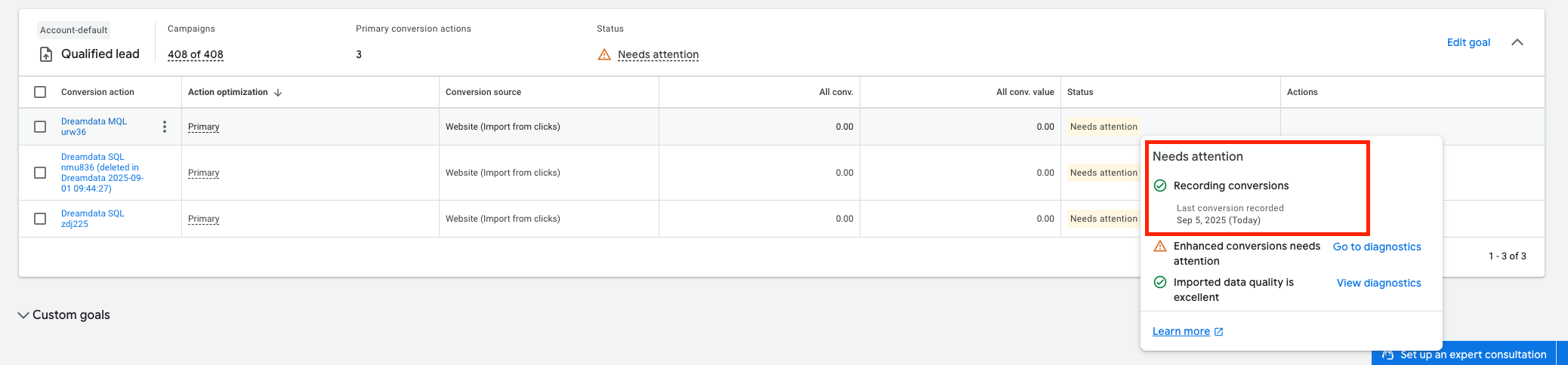 Screenshot that shows the Needs Attention message