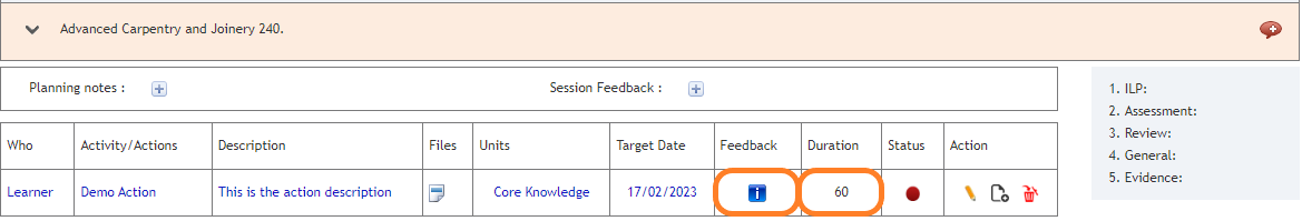 Learner feedback and duration displayed in the Action