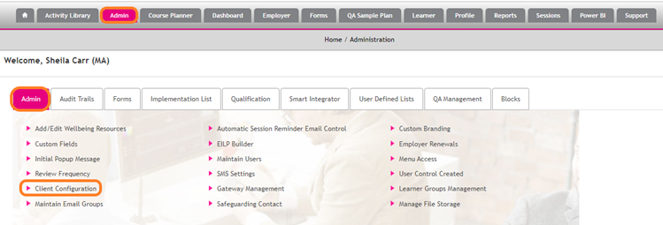client configuration menu item