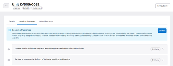 Learning Outcomes page