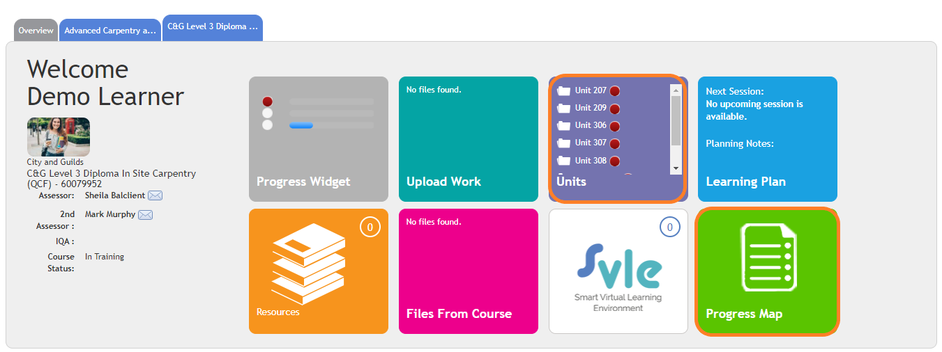 units and progress map tiles on learner dashboard