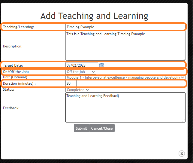 Teaching and learning modal