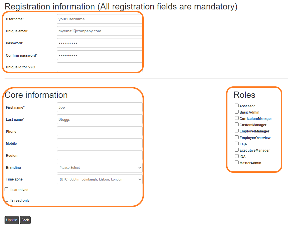 maintain users initial information fields and roles