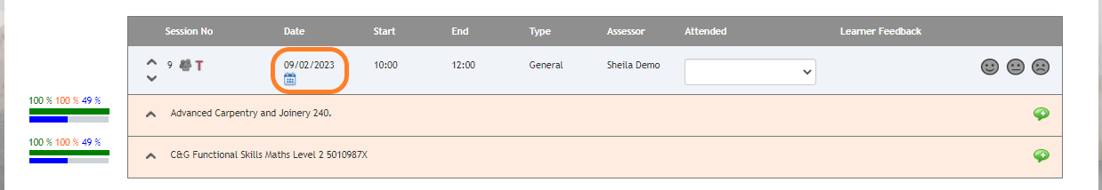 session date in the learning plan