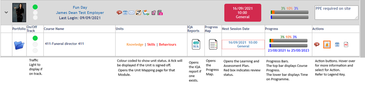 Learner's course details on the assessor dashboard