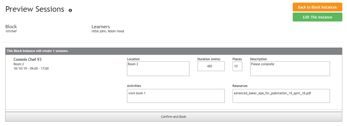 Preview sessions view with book button highlighted